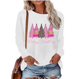 New Merry Christmas Pink Leopard Trees Print Holiday Top‎ Women's Size 2XL
